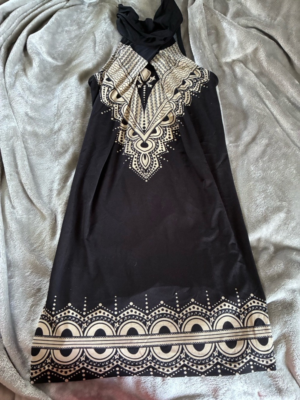 One-Shoulder Black Dress with Cream Geometric Print